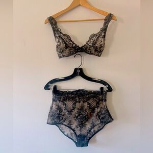 NWT I.D. Sarieri French Lace over transparent Tulle bra 32D, panty size S EU 40